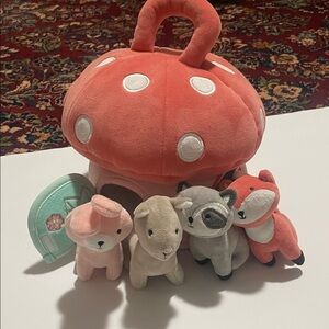 Charming Coral Mushroom House with Forest Friends